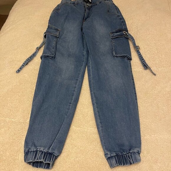 Cargo Style Denim Jogger Pants With Elastic Cuffs & Side Pockets By Fashion Nova - Picture 2 of 7